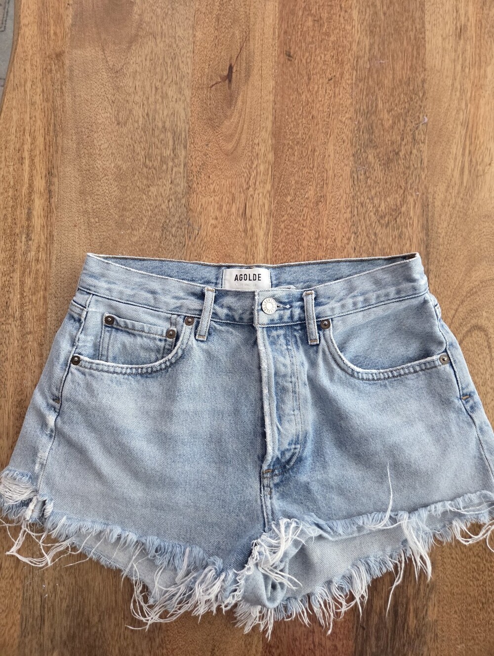 Agolde Light Wash Frayed Denim Mini Skirt